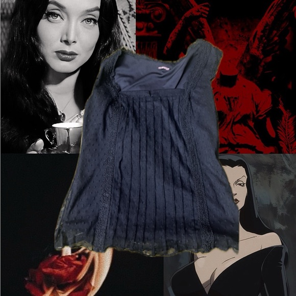 Vintage glothic sheer mesh black dot ruffle sleeveless layered  top - Picture 2 of 7